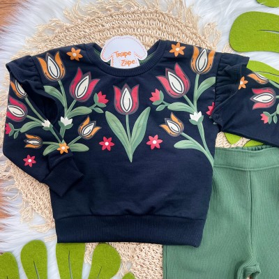  Conj. Casaco de Moletom Rosas Tropicais e Calça Legging - Preto e Verde